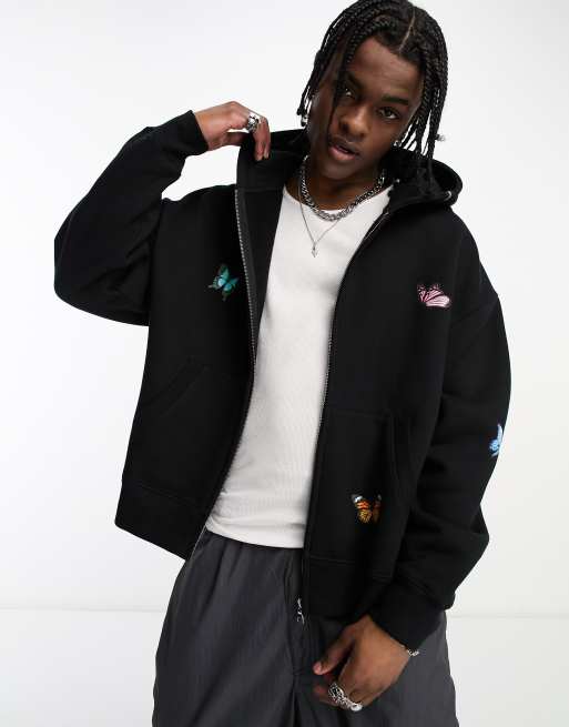 Good For Nothing co-ord oversized zip through hoodie in black with butterfly placement prints