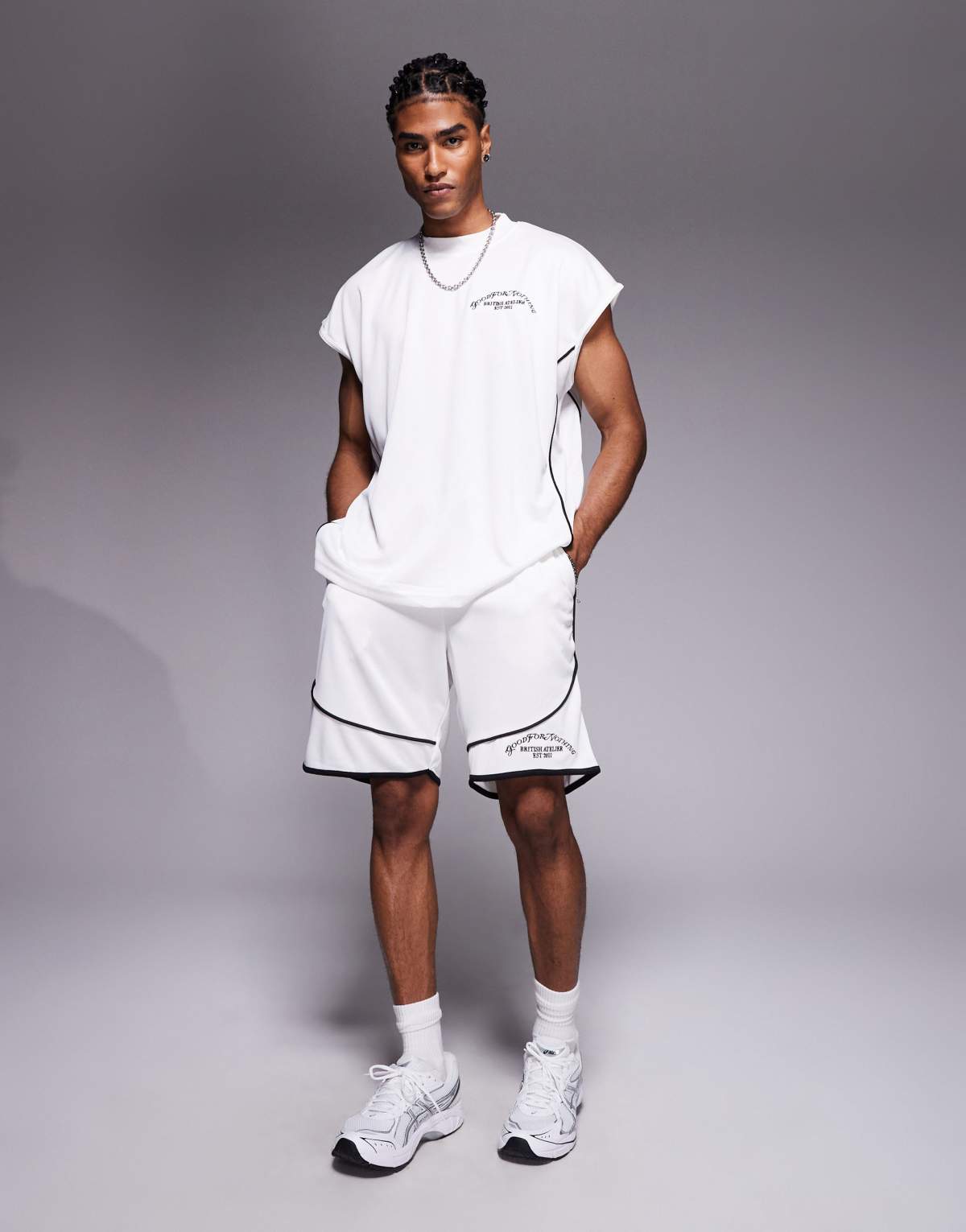 Good For Nothing co-ord resort mesh shorts in beige with black piping