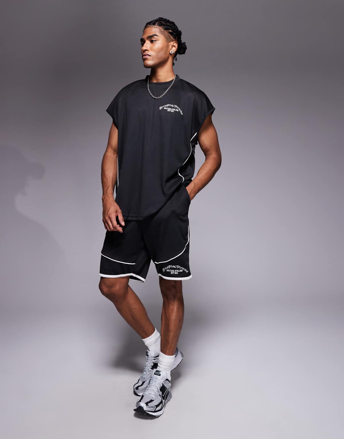 Good For Nothing co-ord resort mesh shorts in black with beige piping