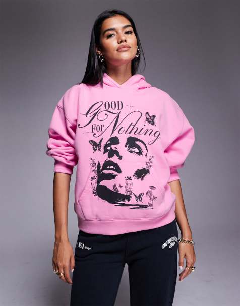 Good For Nothing Contrast print relaxed hoodie in pink - view 1