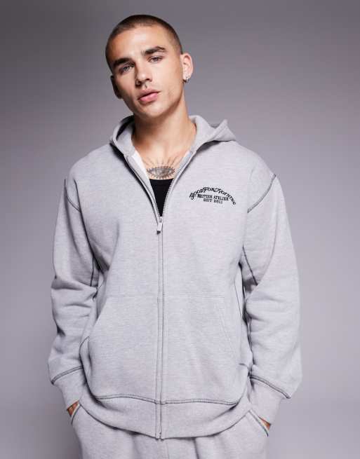 Good For Nothing Coverlock stitching zip through hoodie in grey