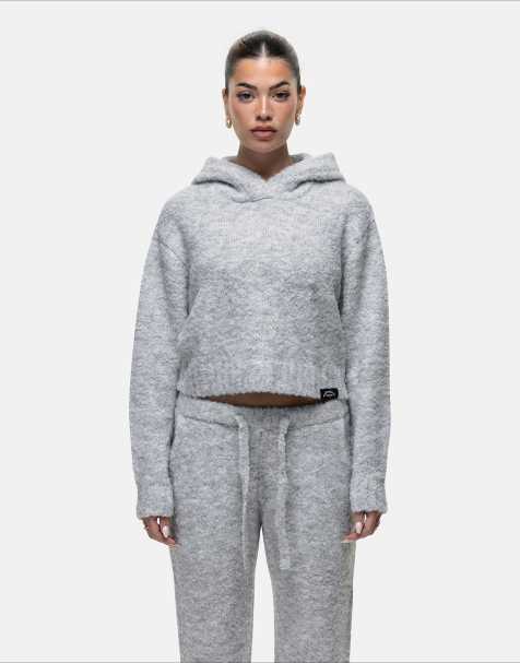 Good For Nothing Cropped bouclé knitted hoodie in grey