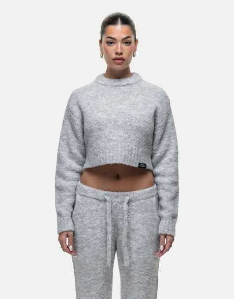Good For Nothing Cropped bouclé knitted sweatshirt in grey