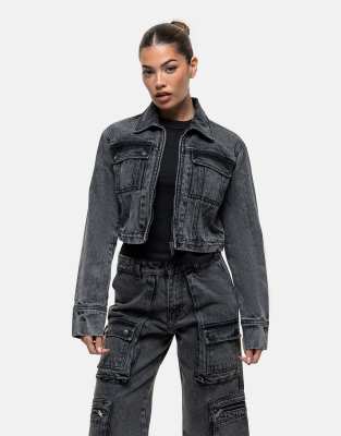 cropped denim jacket in black acid wash - part of a set