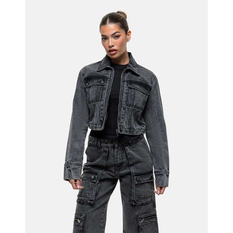 Good For Nothing cropped denim jacket in black acid wash - part of