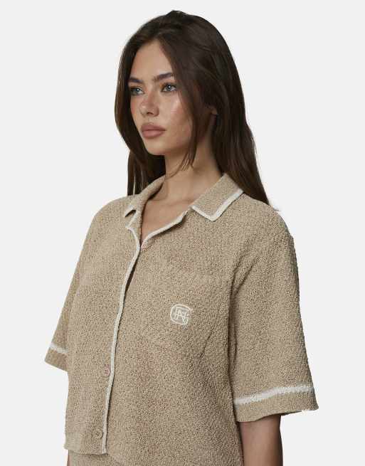 Good For Nothing - Cropped gebreid bouclé overhemd met biezen in bruin, 2 van 4
