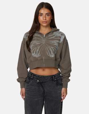 Cropped-Kapuzenjacke in Braun mit Grafikprint und Reißverschluss-Brown Brown S