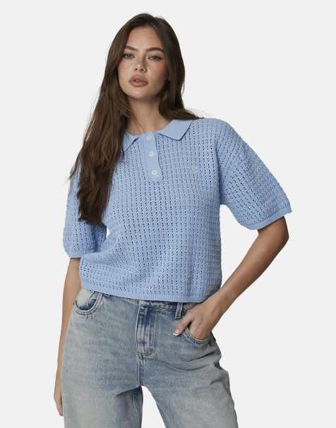 Good For Nothing Cropped pointelle knit polo shirt in blue - view 1