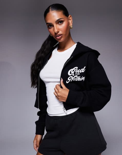 Good For Nothing Cropped zip through hoodie in black - view 1
