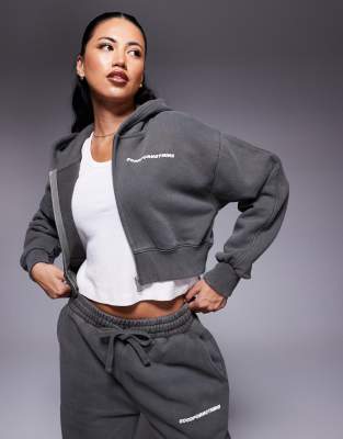 Good For Nothing Cropped zip through hoodie in grey