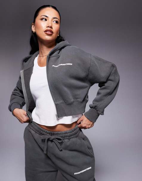 Good For Nothing Cropped zip through hoodie in grey - view 1