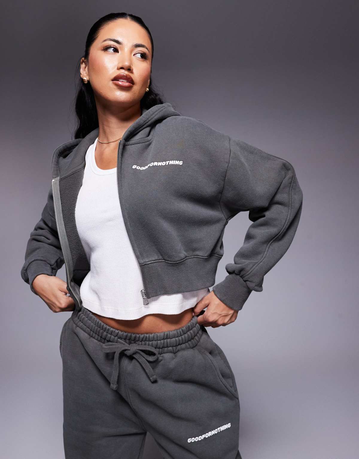 Good For Nothing Cropped zip through hoodie in grey