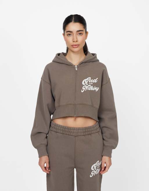 Good For Nothing Cropped zip through hoodie in taupe