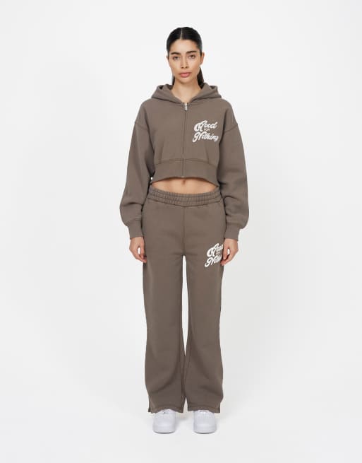 Good For Nothing Cropped zip through hoodie in taupe, 2 of 4