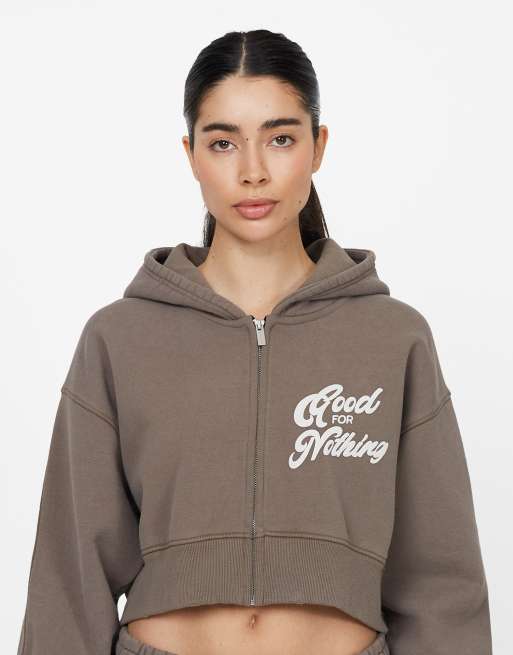 Good For Nothing Cropped zip through hoodie in taupe, 4 of 4