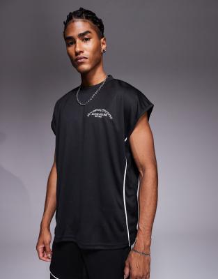 Good For Nothing – Czarny T-shirt z siateczki bez rękawów z beżową lamówką, część zestawu - view 1