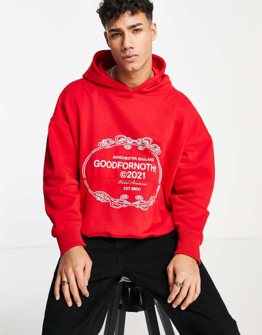 Good For Nothing – Czerwona bluza oversize z kapturem i naszywką z logo