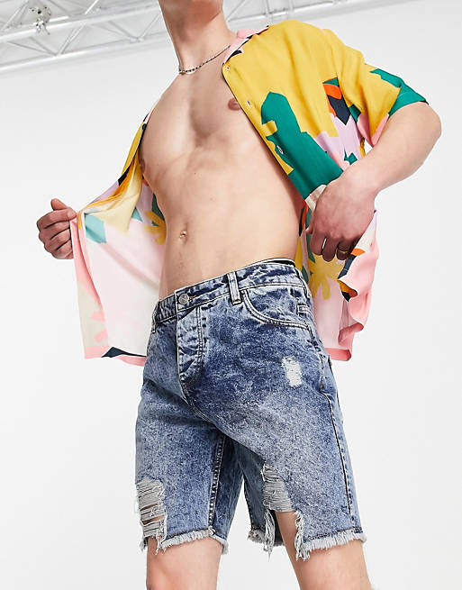 Good For Nothing denim shorts in vintage blue acid wash with heavy distressing