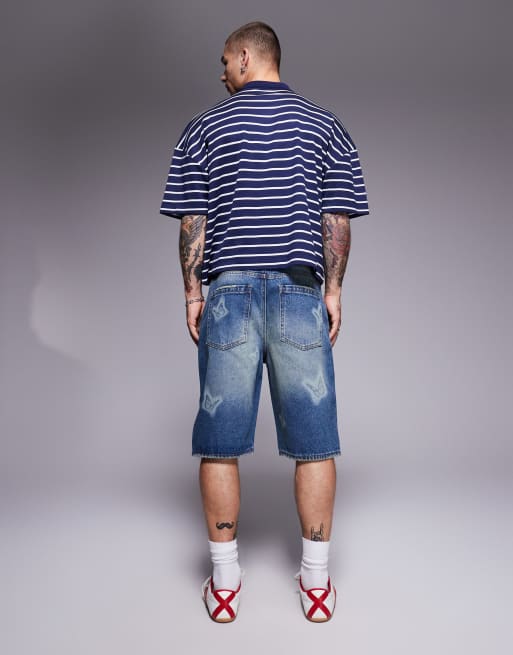 Good For Nothing denim shorts with butterfly print in mid wash blue