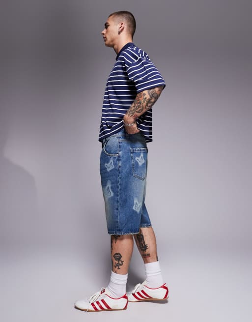Good For Nothing denim shorts with butterfly print in mid wash blue
