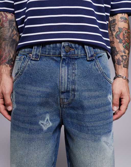 Good For Nothing denim shorts with butterfly print in mid wash blue