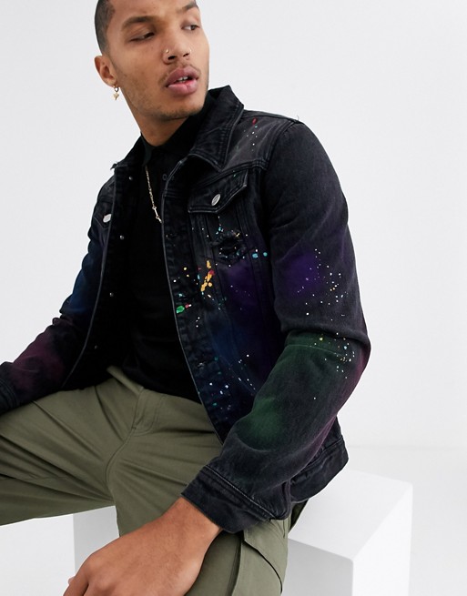 Good For Nothing distressed denim jacket in black with paint splats