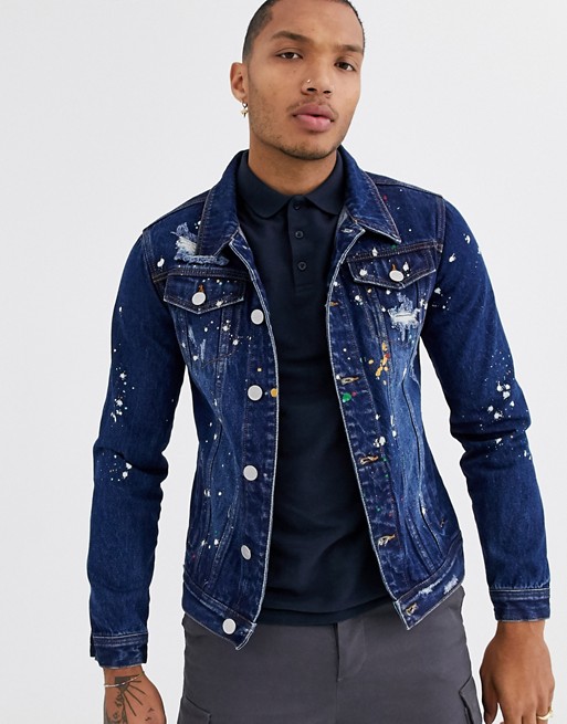 Good For Nothing distressed denim jacket in dark blue with paint splats