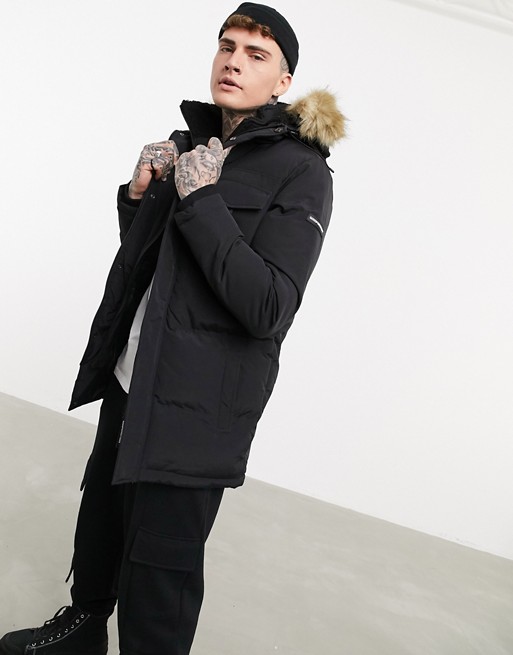 Good For Nothing double layer parka with faux fur hood in black