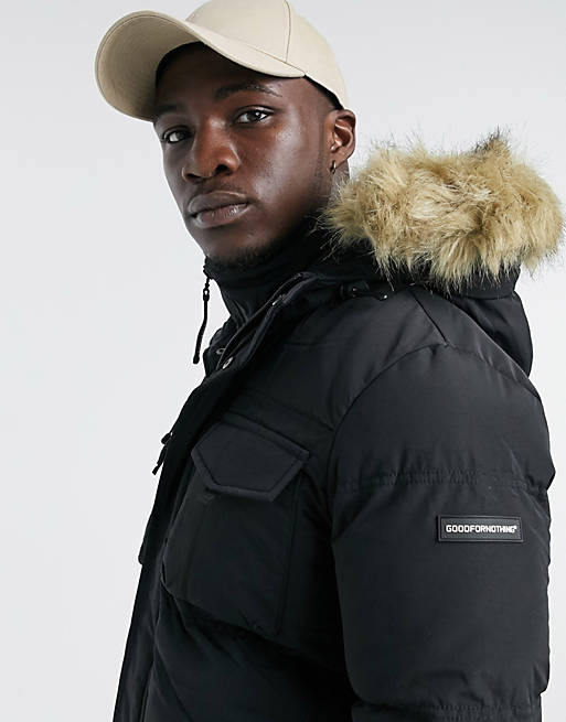 Symposium Kiwi present day Good For Nothing double layer parka with faux-fur hood in black | ASOS