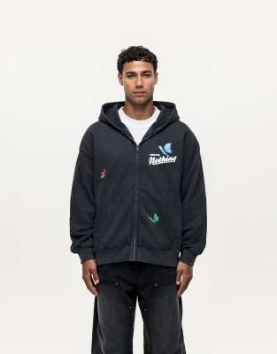 embroidered zip up hoodie in washed black