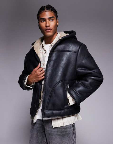 Good For Nothing faux leather hooded worker jacket in black with sherpa lining - view 1