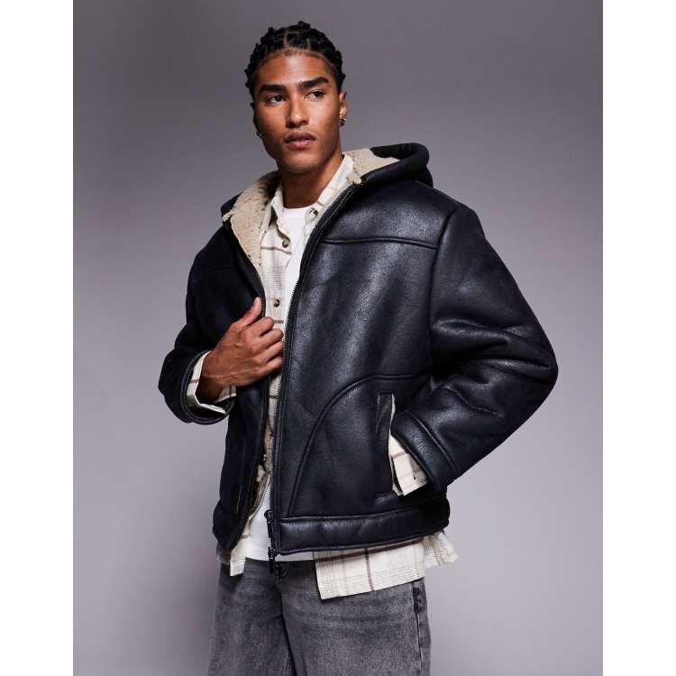 Good For Nothing faux leather hooded worker jacket in black with