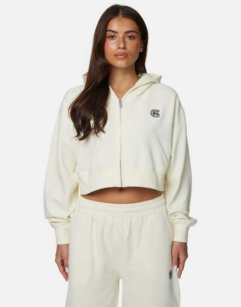 Good For Nothing - Felpa con cappuccio corta color panna con zip e monogramma - view 1