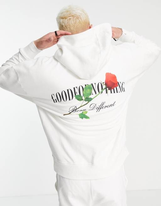 Good For Nothing - Felpa con cappuccio oversize bianco sporco con logo con rosa in coordinato