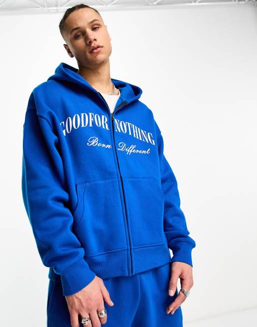 Good For Nothing - Felpa con cappuccio oversize blu cobalto con stampa del logo sul petto e zip in coordinato
