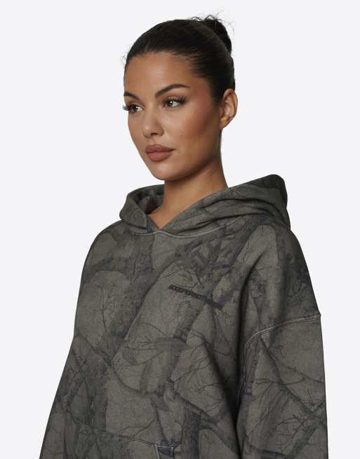 Good For Nothing felpa con cappuccio oversize in pile di cotone mimetico grigio, 4 di 4