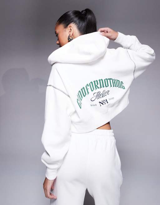 Good For Nothing - Felpa con cappuccio taglio corto bianco sporco con stampa del logo sul retro e zip in coordinato