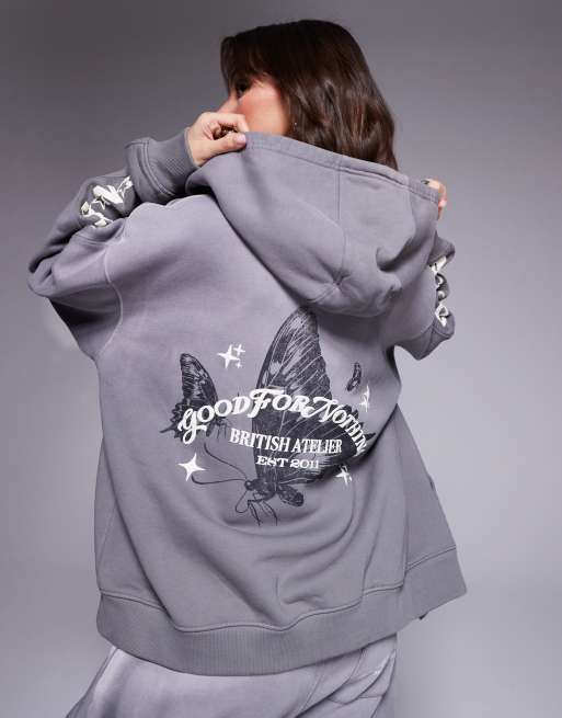 Good For Nothing - Felpa con cappuccio taglio corto grigio antracite con motivo sul retro in coordinato