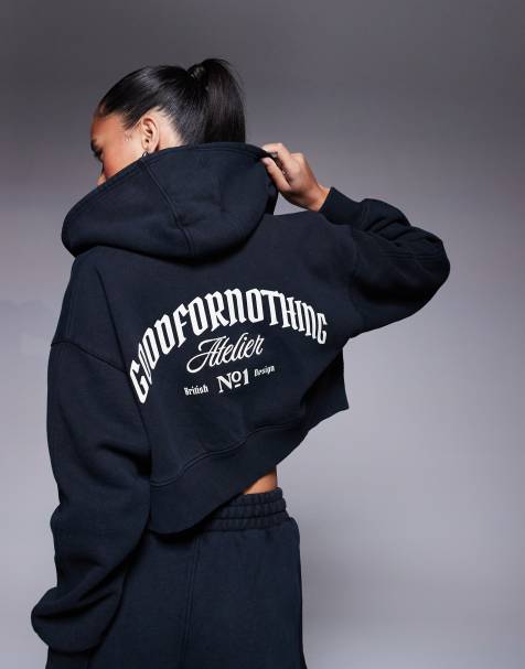Good For Nothing - Felpa con cappuccio taglio corto nera con stampa del logo sul retro e zip in coordinato - view 1