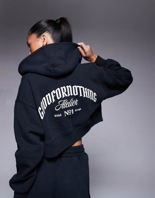 Good For Nothing - Felpa con cappuccio taglio corto nera con stampa del logo sul retro e zip in coordinato