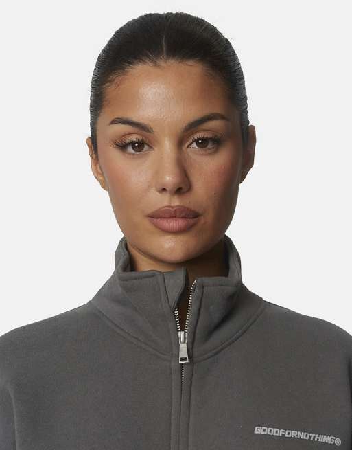 Good For Nothing felpa con zip e collo alto in cotone slavato grigia, 4 di 4