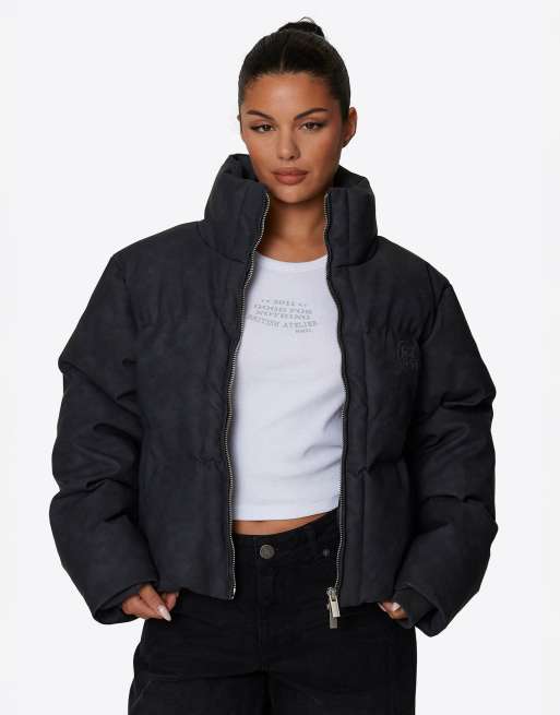 Good For Nothing Funnel neck short padded pu jacket in black, 3 of 4