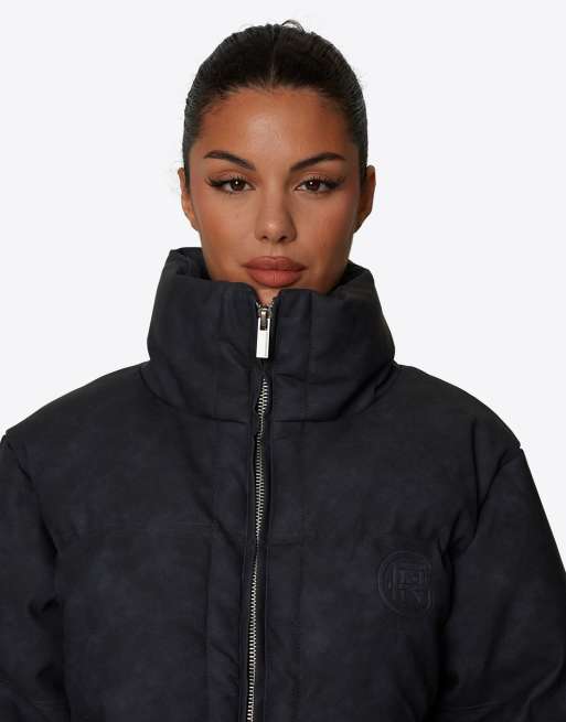 Good For Nothing Funnel neck short padded pu jacket in black, 4 of 4