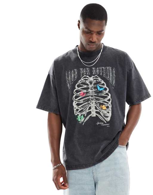 Good For Nothing – Geripptes Oversize-T-Shirt in verwaschenem Grau mit Print vorne