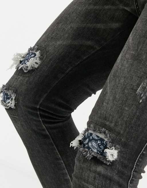 Good For Nothing Gra Skinny Jeans Med Slitna Hal Pa Knana Fodrade Med Paisleymonstrat Tyg Asos