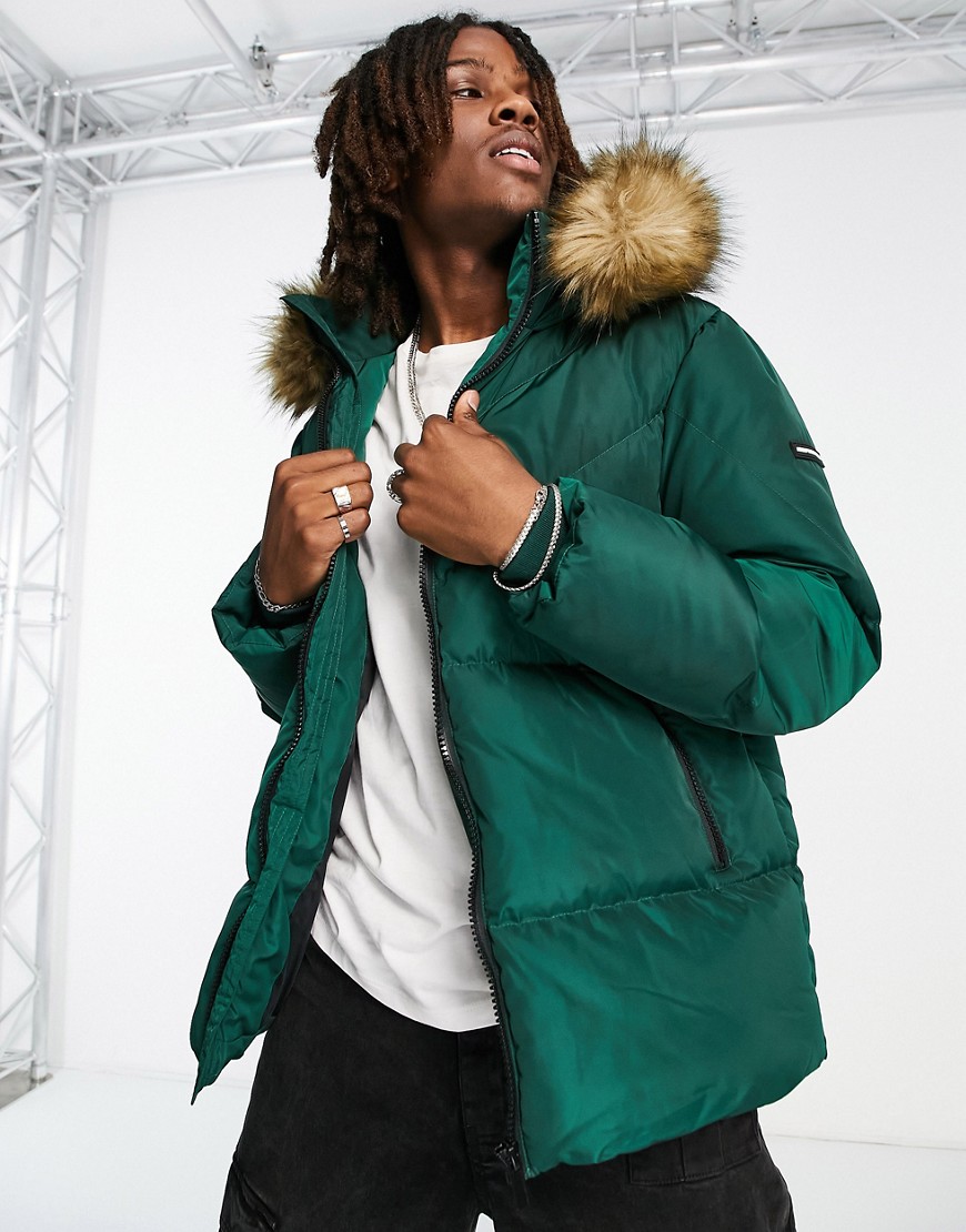 Good For Nothing hadlow hooded puffer jacket in matte green with faux fur hood