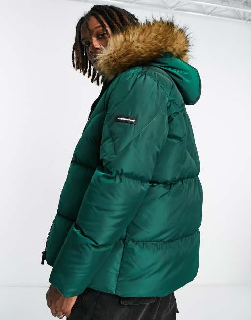 Green puffer jacket with fur hood sale