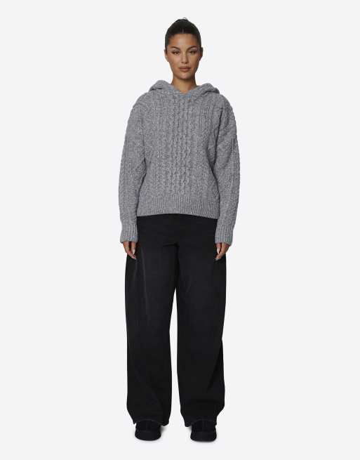 Good For Nothing Heavy weight cable knit hooded jumper in grey, 3 of 4