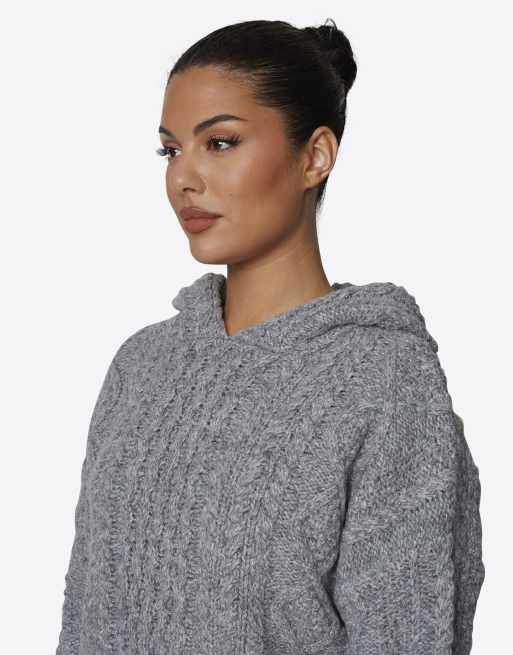 Good For Nothing Heavy weight cable knit hooded jumper in grey, 4 of 4