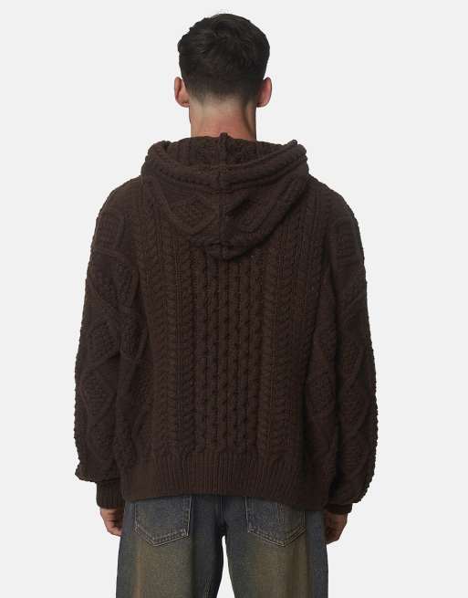 Good For Nothing Heavyweight cable knit hooded jumper in brown, 2 of 4